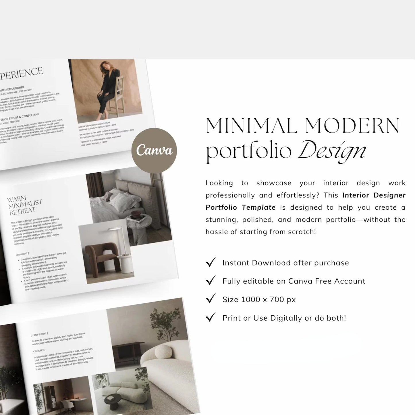 Interior designer portfolio template with Canva branding on a white background