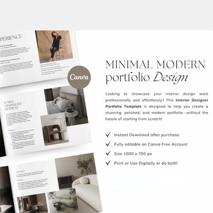 Interior designer portfolio template with Canva branding on a white background