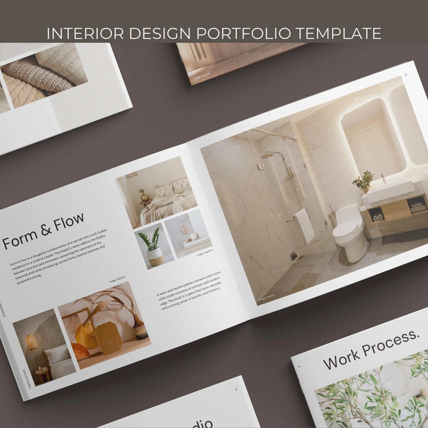 Interior design portfolio template with images of a bathroom and text on a dark surface.