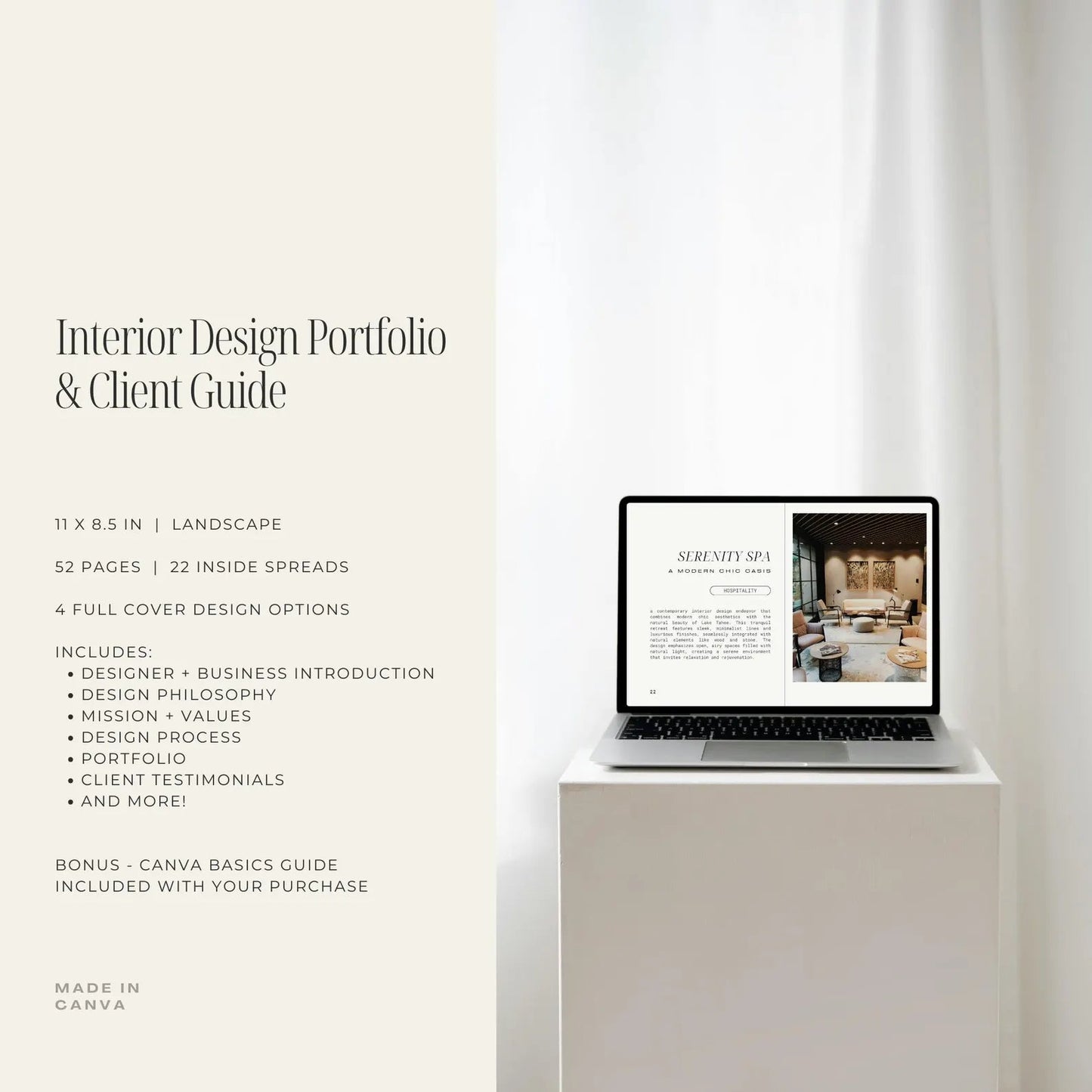Laptop displaying an interior design portfolio on a white surface with text about the product.