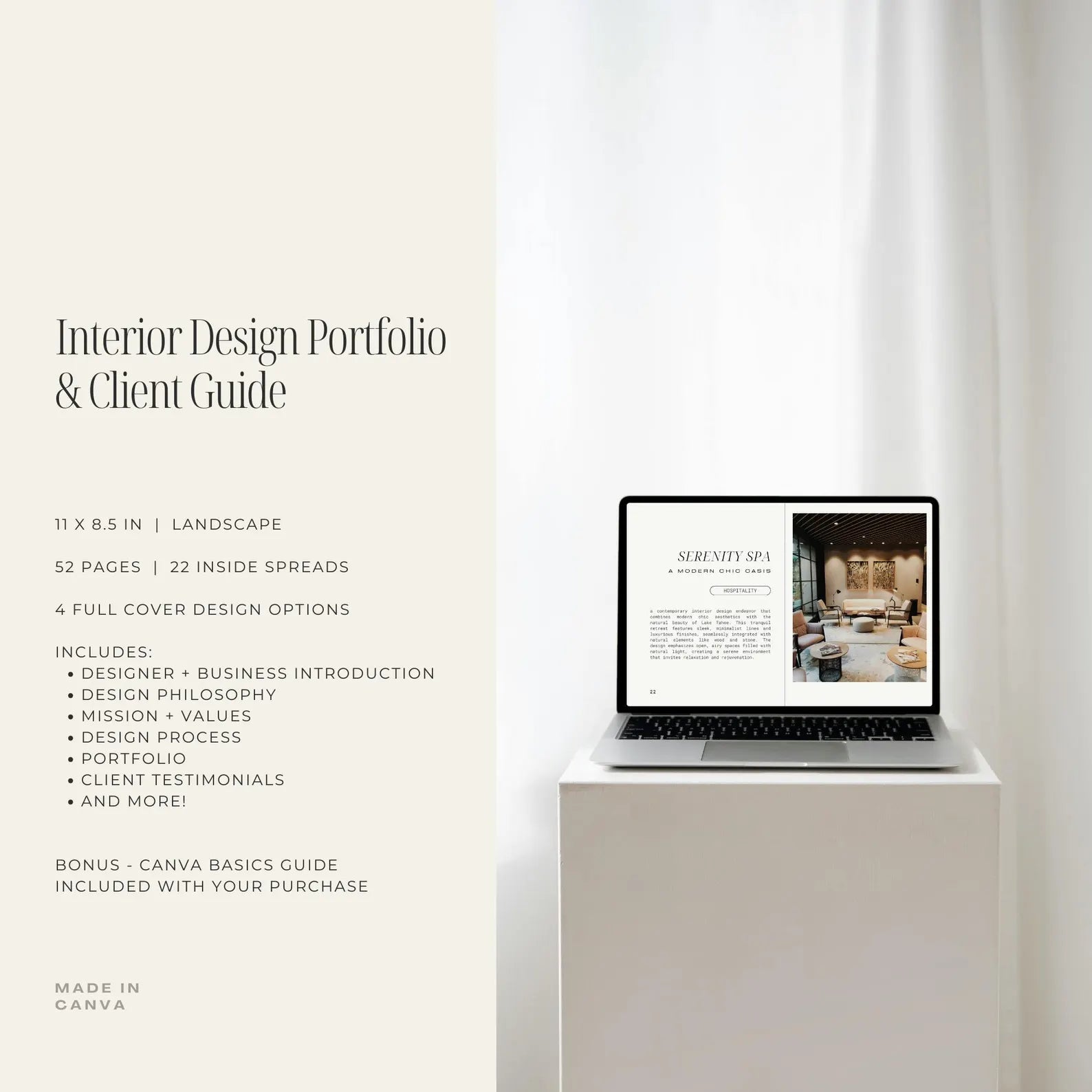 Laptop displaying an interior design portfolio on a white surface with text about the product.