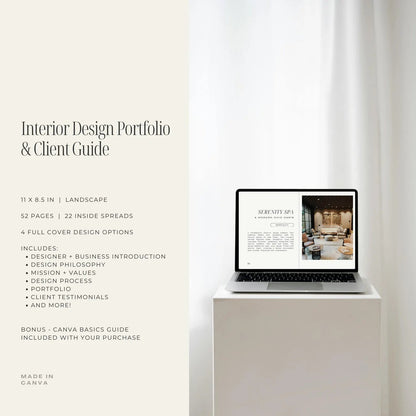 Laptop displaying an interior design portfolio on a white surface with text about the product.
