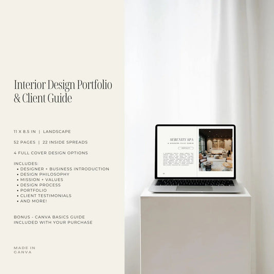 Laptop displaying an interior design portfolio on a white surface with text about the product.