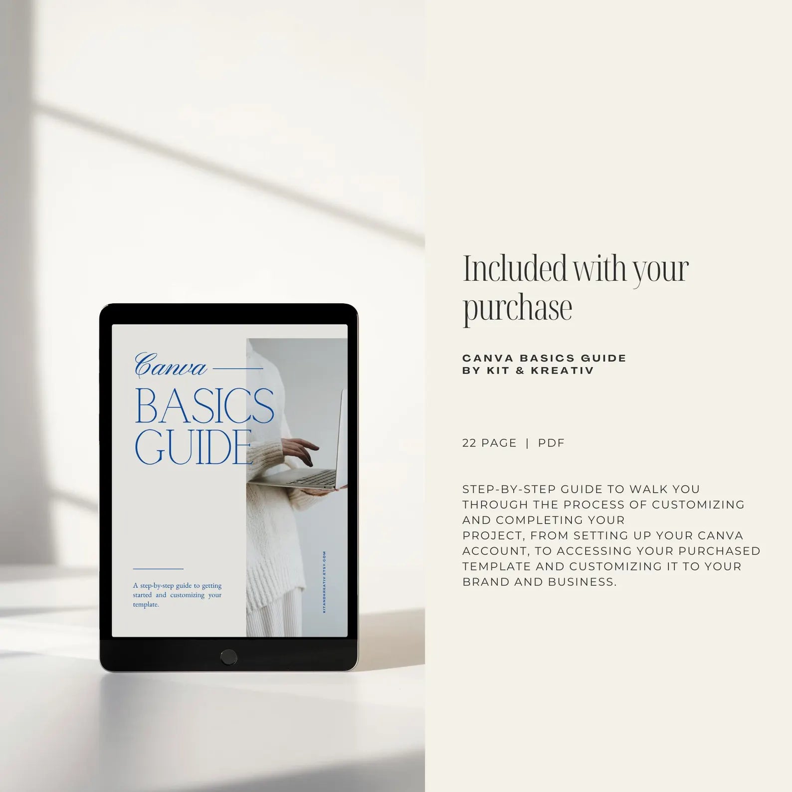iPad displaying a Canva Basics Guide on a white surface with text overlay.