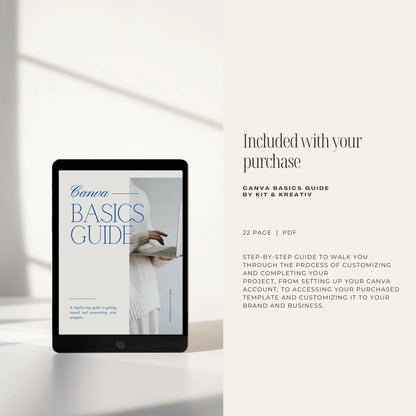 iPad displaying a Canva Basics Guide on a white surface with text overlay.