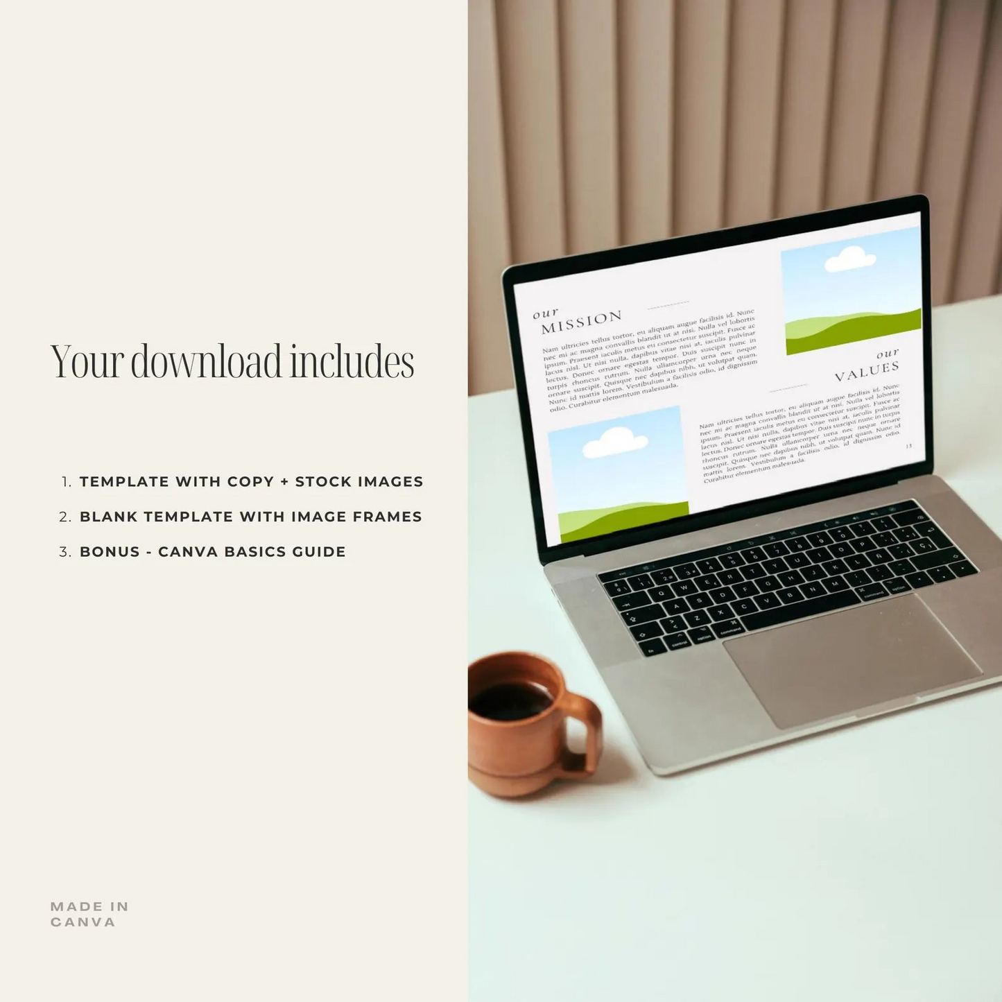 Laptop on a desk with a Canva template displayed, accompanied by a cup of coffee.