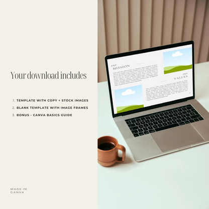 Laptop on a desk with a Canva template displayed, accompanied by a cup of coffee.
