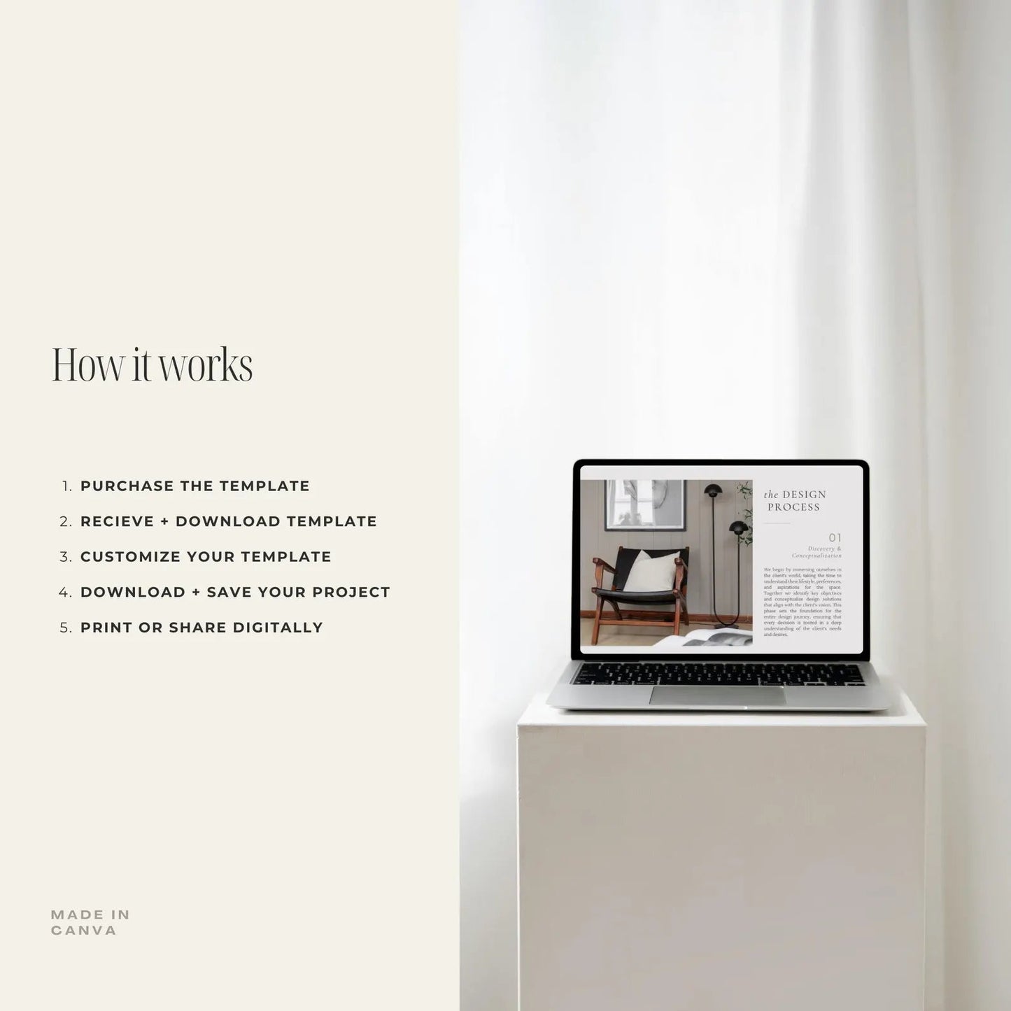 Laptop on a white pedestal displaying a design template with text on a white background.