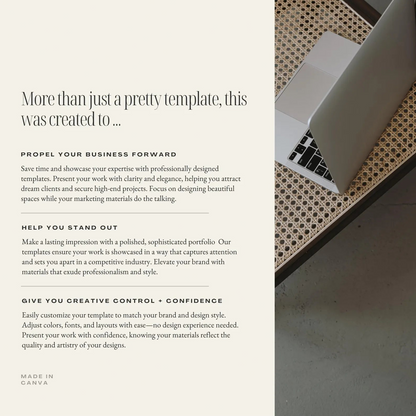 Laptop on a textured surface with promotional text about a design service on the left.