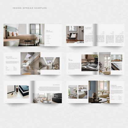 Interior design magazine spread with images of rooms and text on a white background