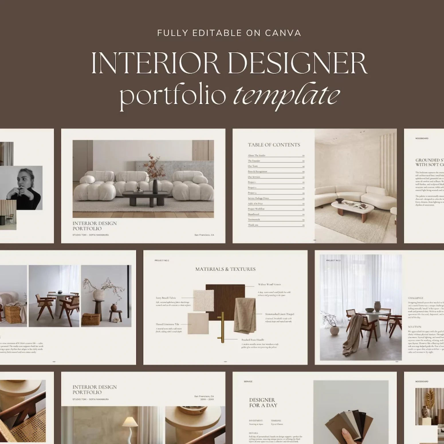 Interior designer portfolio template with various design elements and layout.