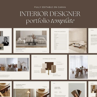 Interior designer portfolio template with various design elements and layout.