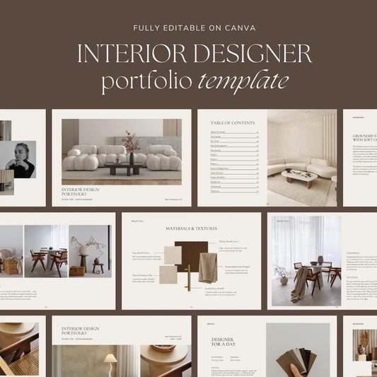 Interior designer portfolio template with various design elements and layout.
