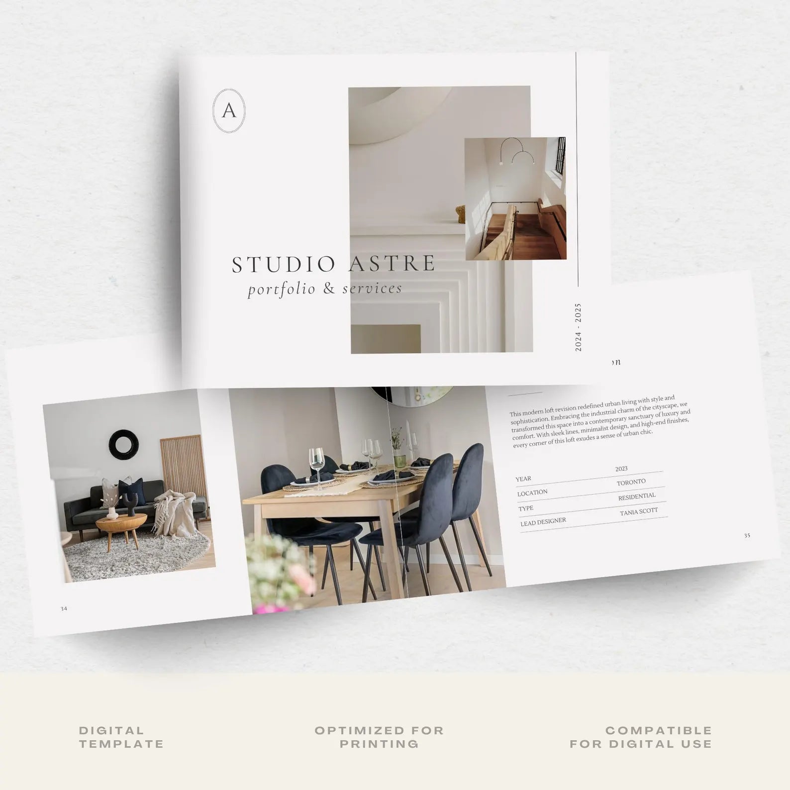 Studio Astre portfolio and services digital template with interior design images.