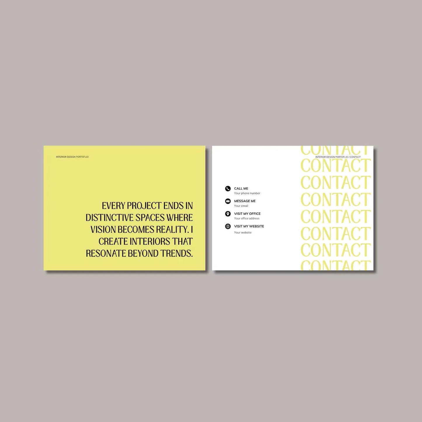 Two business cards on a gray background, one yellow with text and one white with contact information.