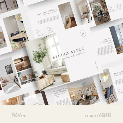 Collage of interior design portfolio pages with images of rooms and text.