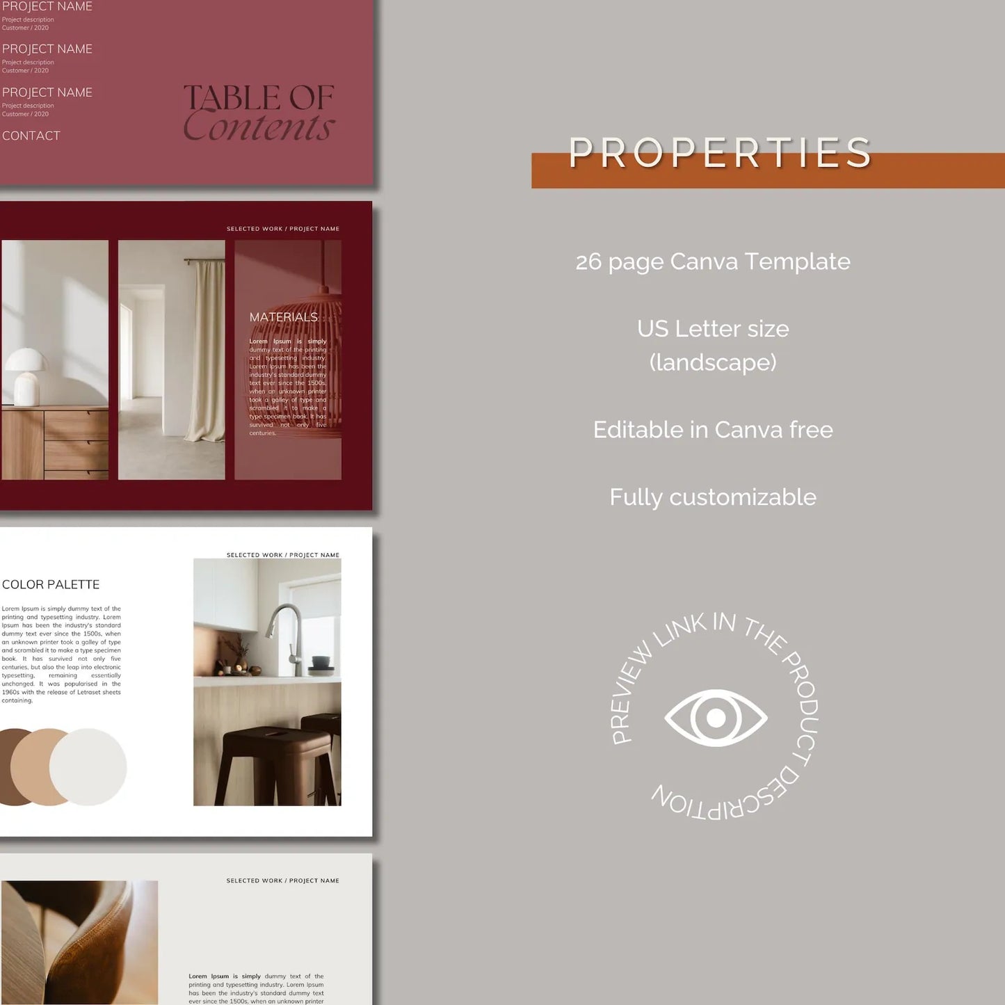 Properties Canva Template with sample pages on a gray background