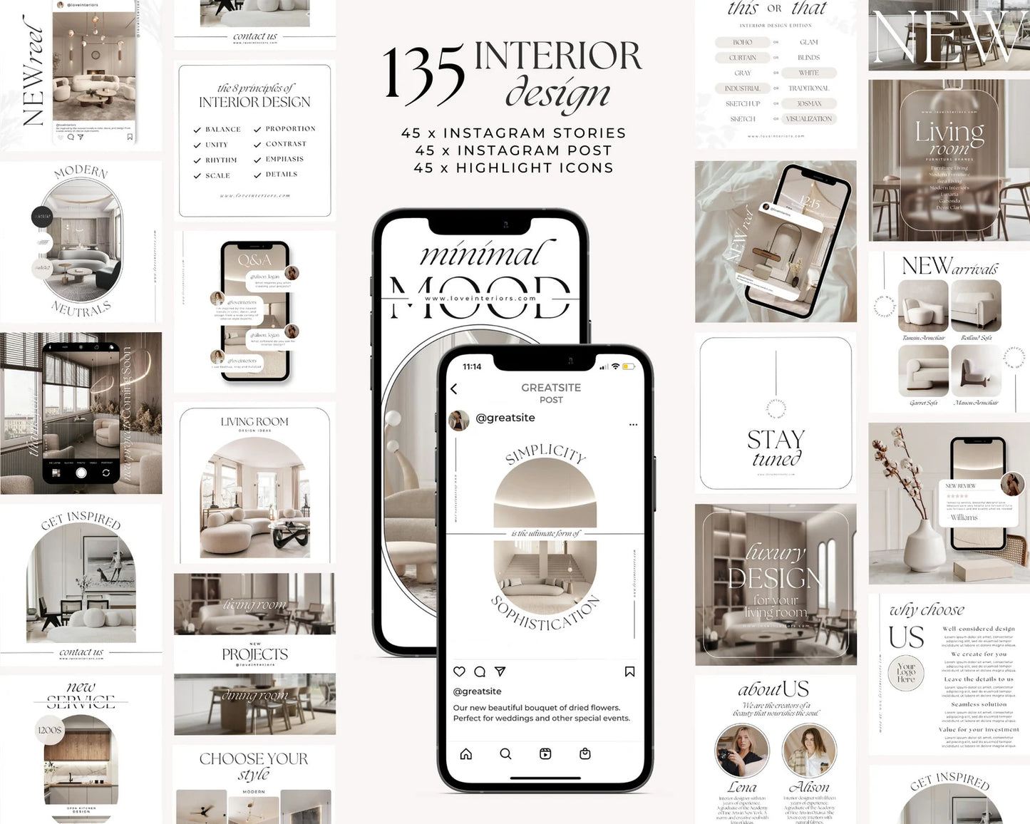 Collection of interior design Instagram stories and highlights with smartphone displaying app interface.