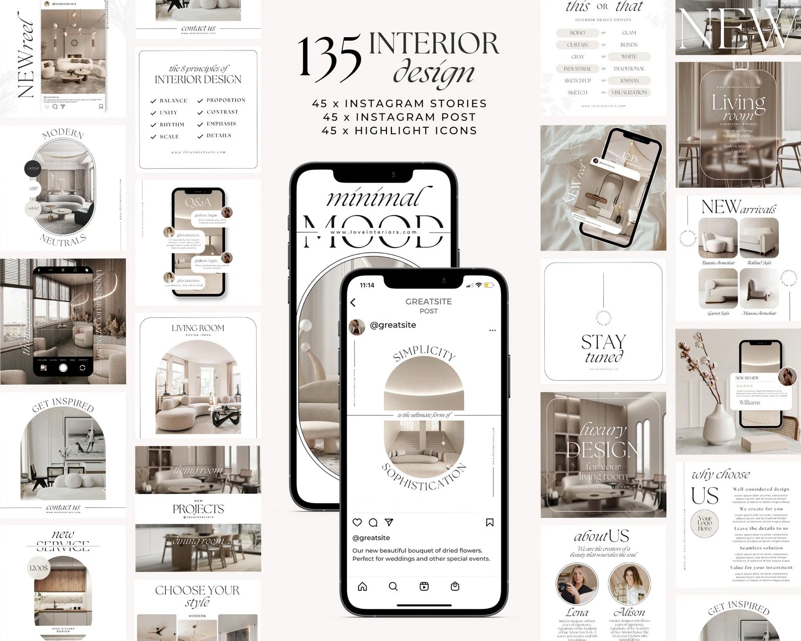 Collection of interior design Instagram stories and highlights with smartphone displaying app interface.