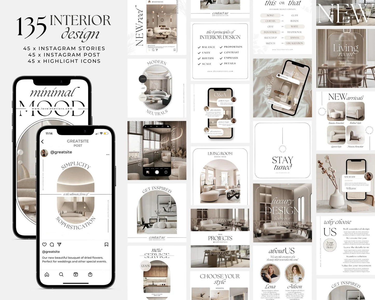 Collection of interior design Instagram stories and posts with a minimal mood theme.