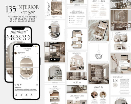 Collection of interior design Instagram stories and posts with a minimal mood theme.