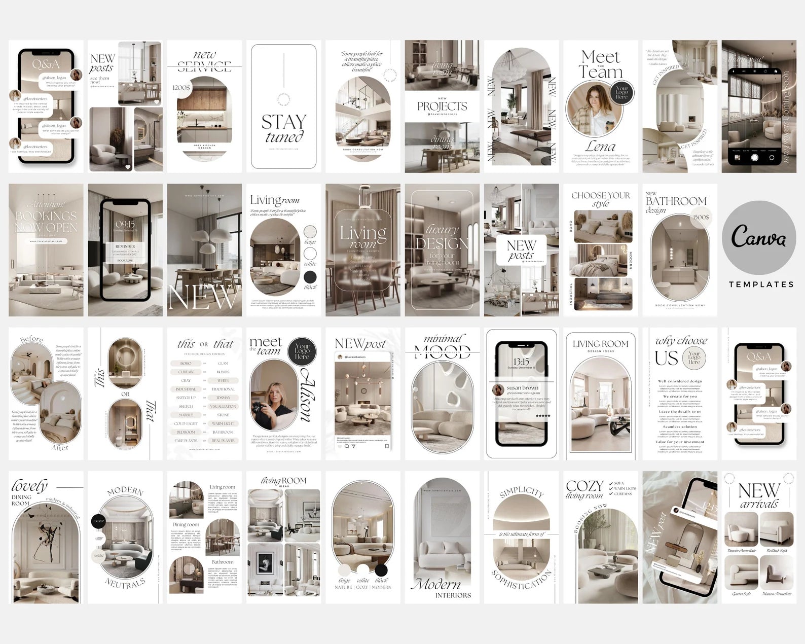 Collage of interior design templates with various room scenes and Canva branding.