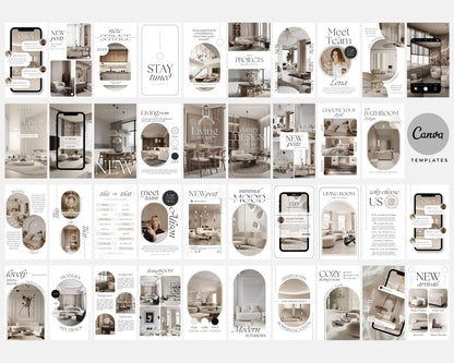 Collage of interior design templates with various room scenes and Canva branding.