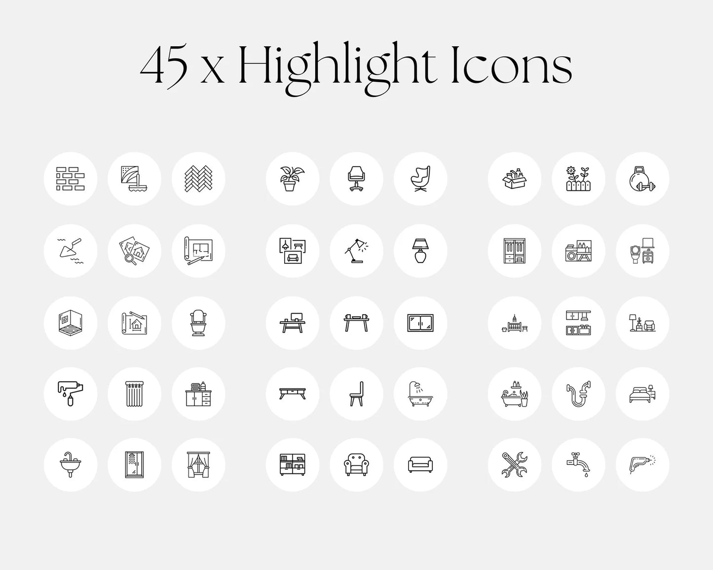 Set of 45 black and white icons on a light gray background