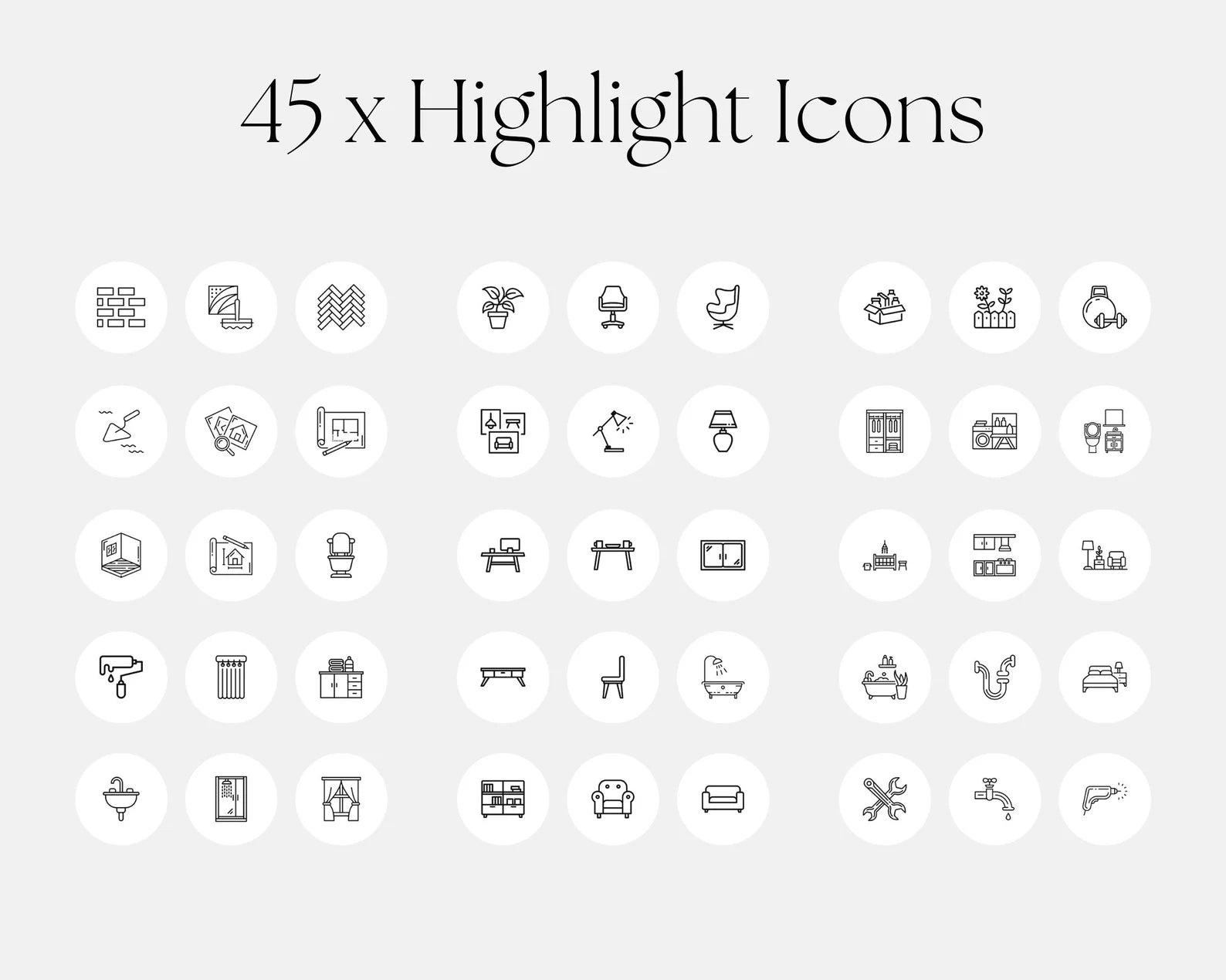 Set of 45 black and white icons on a light gray background