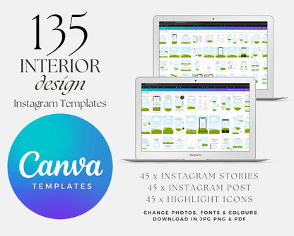 Canva interior design Instagram templates on a white background with 'Canva' logo.
