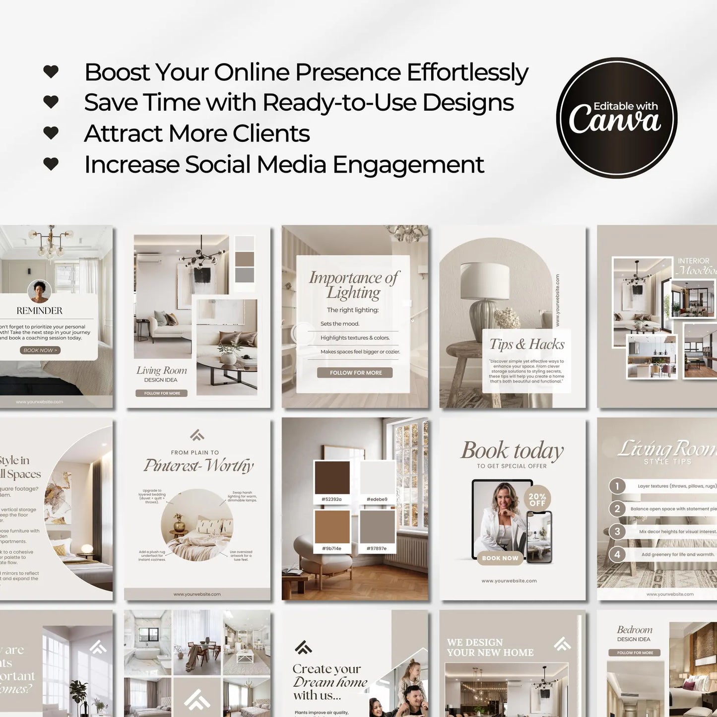 Collection of design templates with text overlay on a white background, featuring Canva branding.