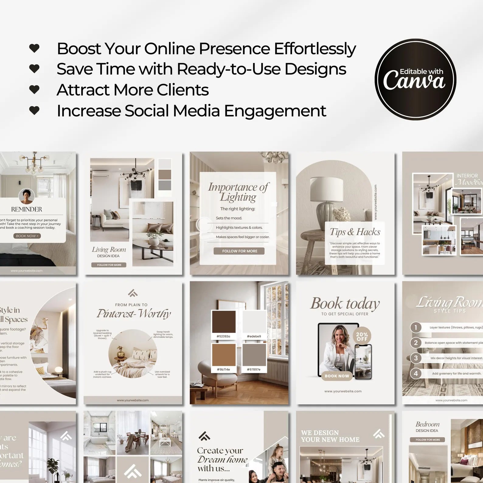Collection of design templates with text overlay on a white background, featuring Canva branding.