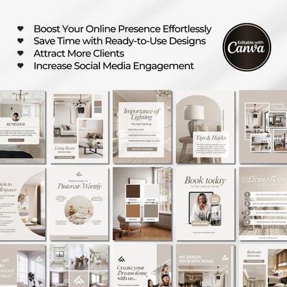 Collection of design templates with text overlay on a white background, featuring Canva branding.