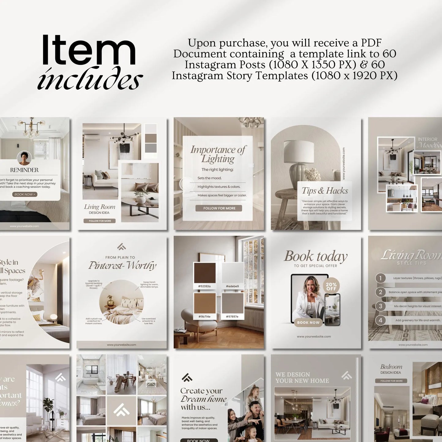 Promotional image of design templates for Instagram posts and stories with text overlay.