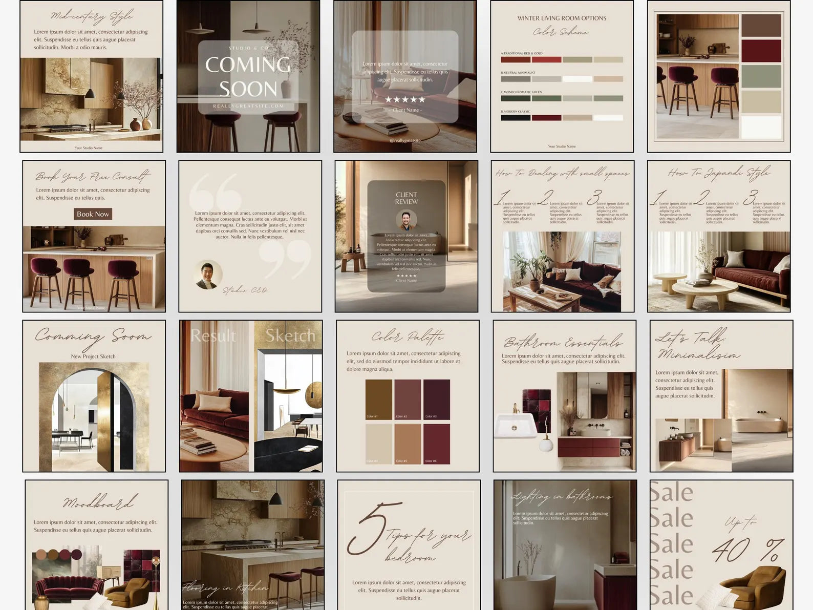 Grid of interior design images and promotional text for a home sale.