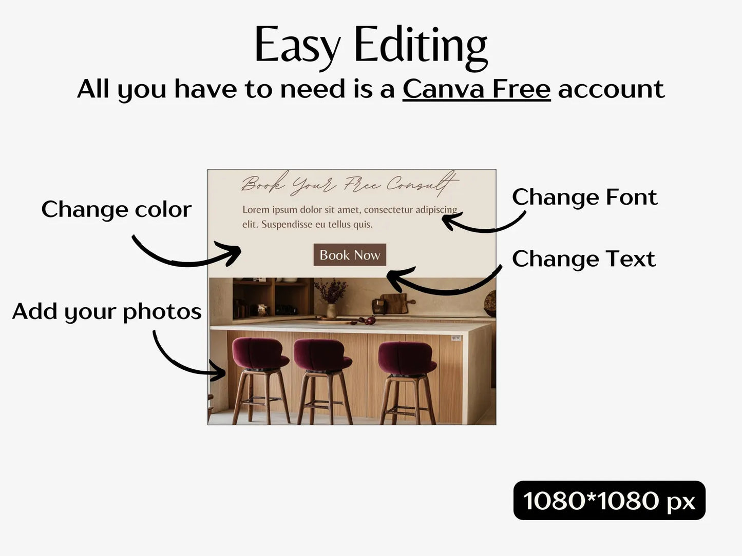 Canva graphic with text and arrows indicating editing options on a restaurant interior background.