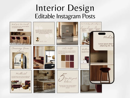 Collection of interior design Instagram posts with a phone case featuring text overlay.