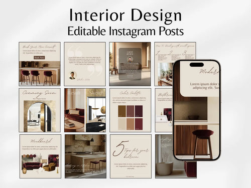 Collection of interior design Instagram posts with a phone case featuring text overlay.