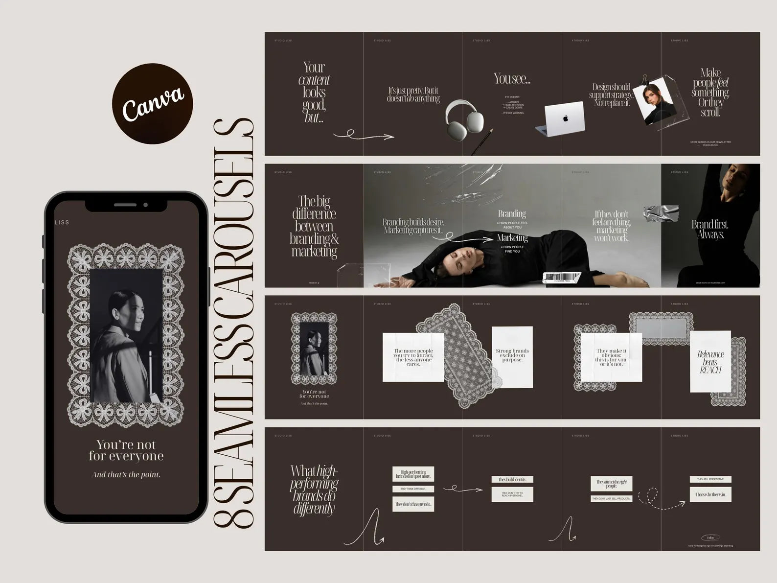 Collection of design elements and a smartphone displaying a design on a gray background with 'Canva' branding.