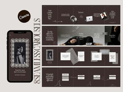 Collection of design elements and a smartphone displaying a design on a gray background with 'Canva' branding.
