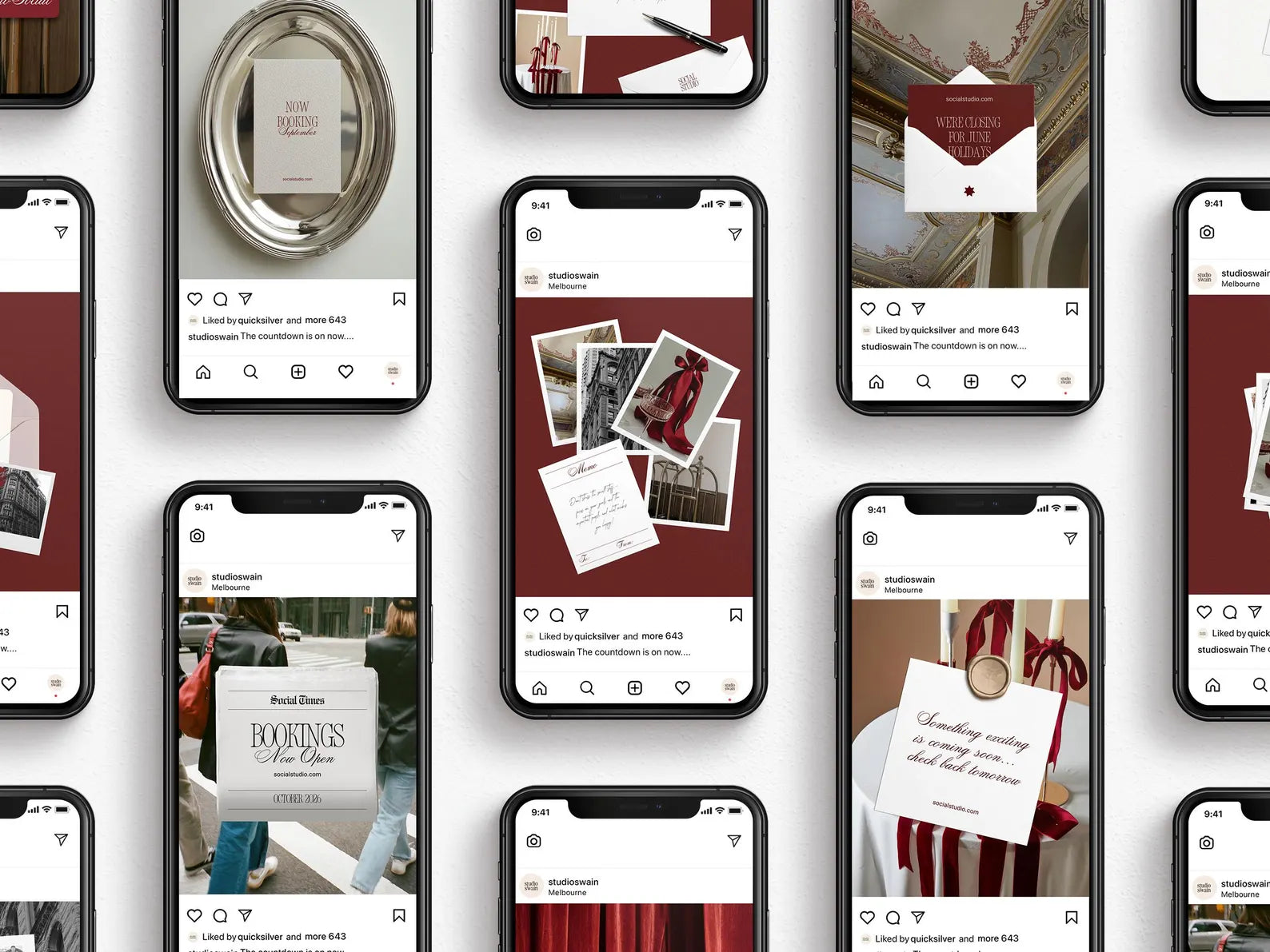 Multiple smartphone screens displaying various social media posts with a focus on interior design and lifestyle.