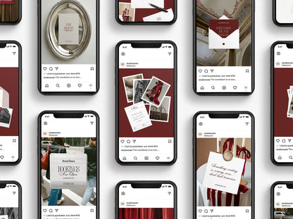 Multiple smartphone screens displaying various social media posts with a focus on interior design and lifestyle.