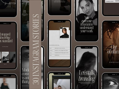 Collection of Instagram story templates with text and images on a grid layout.