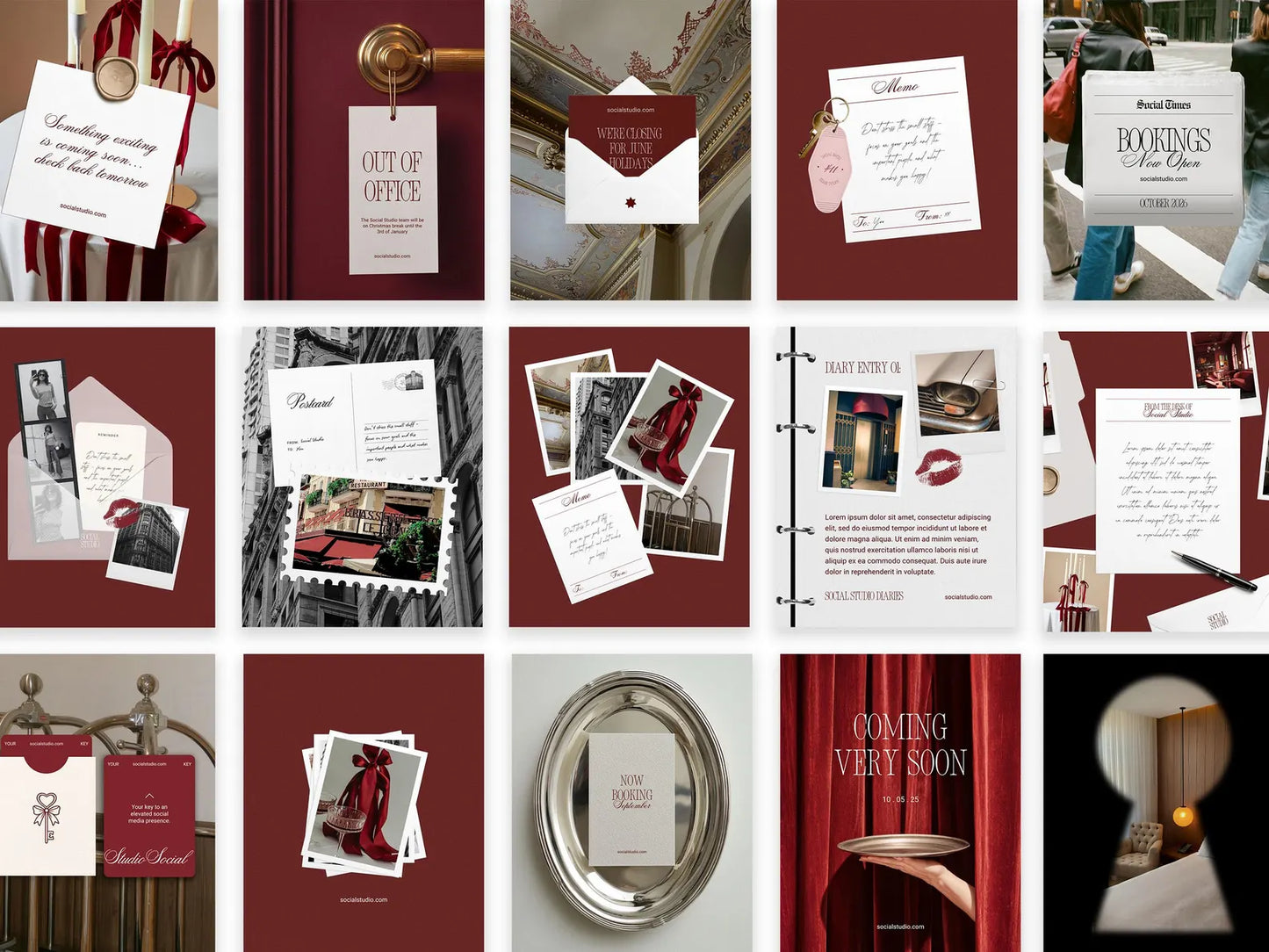 Collage of various stationery items with a red and white color scheme.