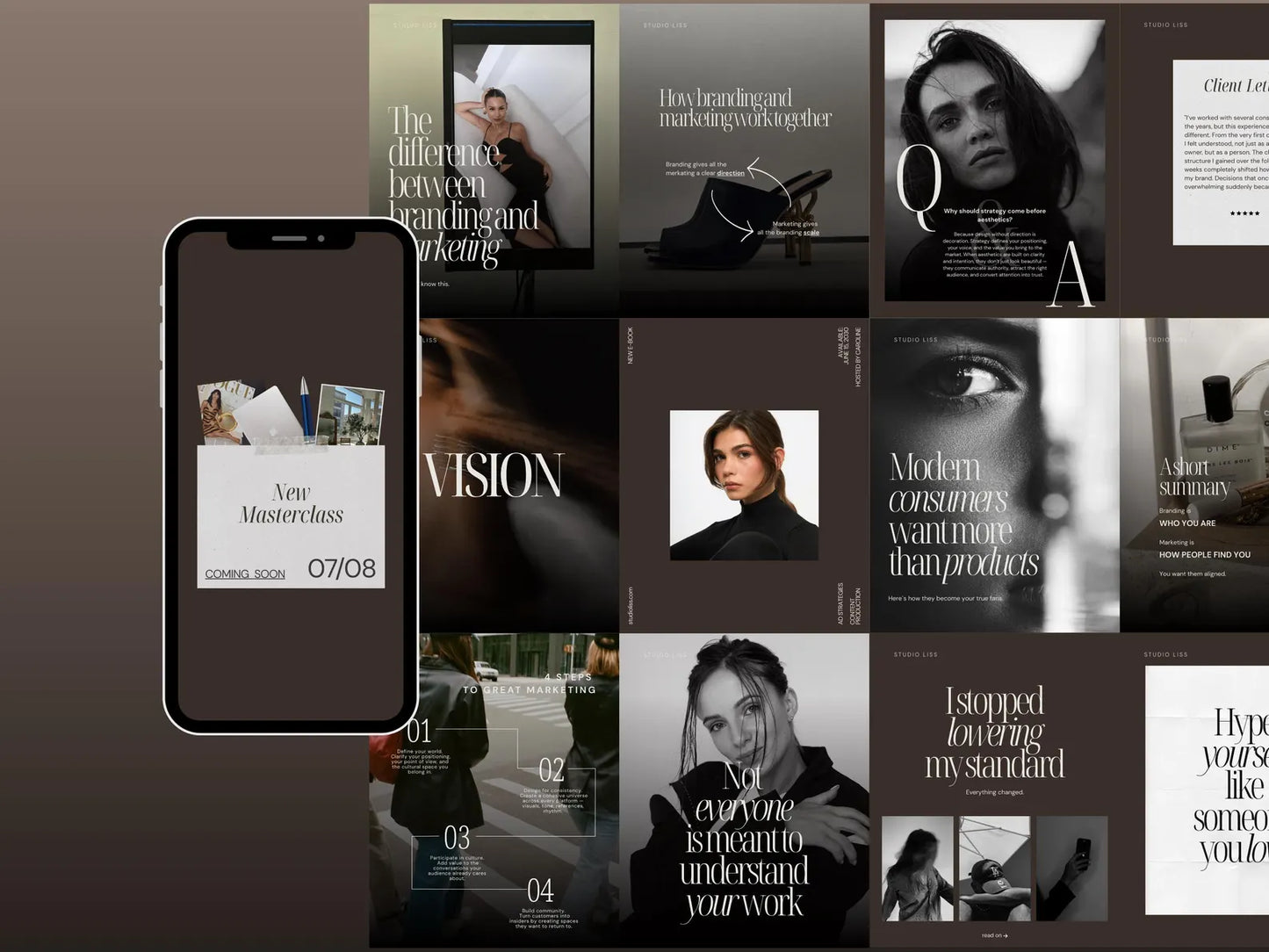 Collage of smartphone displaying a magazine layout with various articles and images.