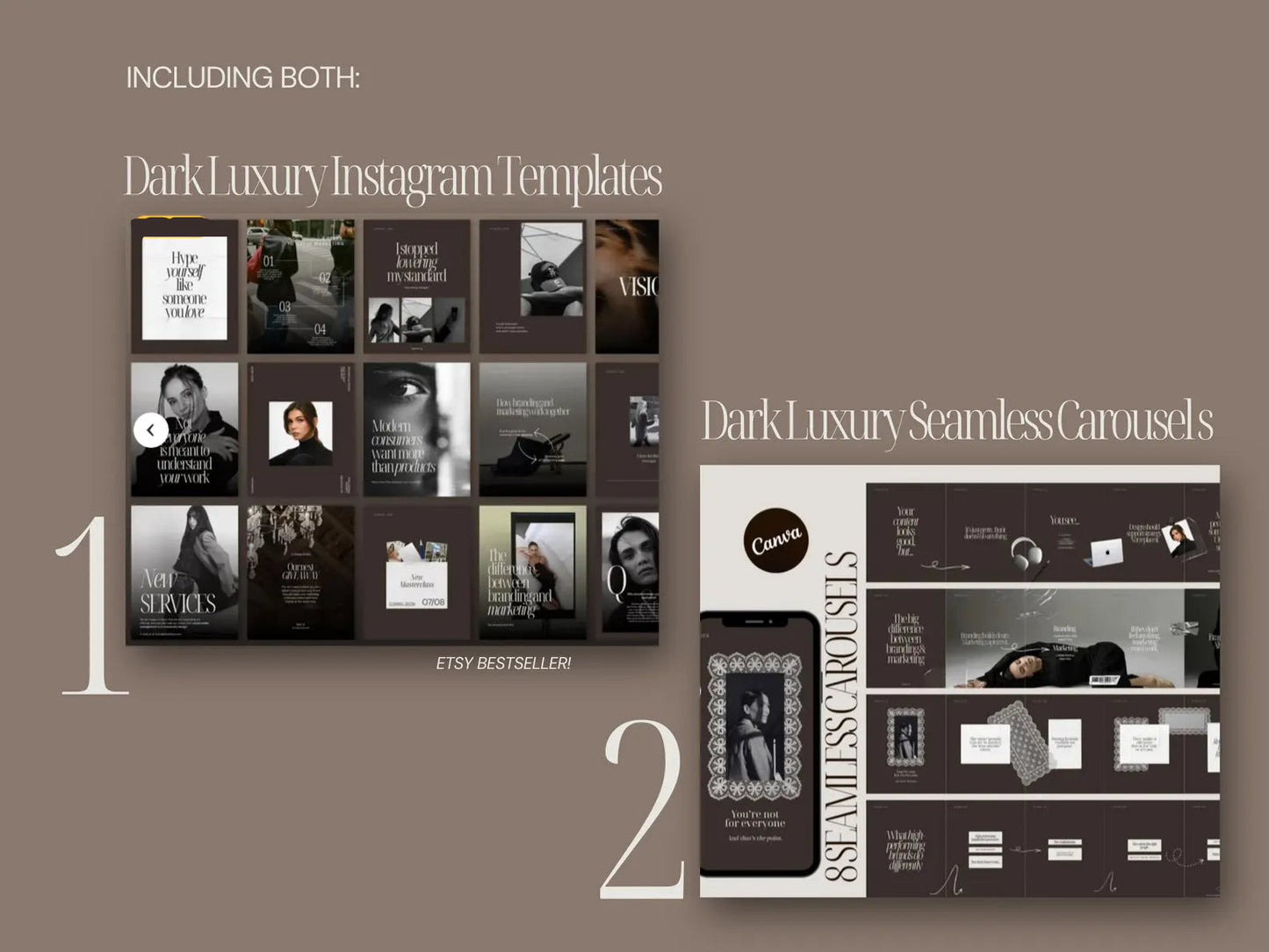 Dark luxury Instagram templates and seamless carousels on a brown background