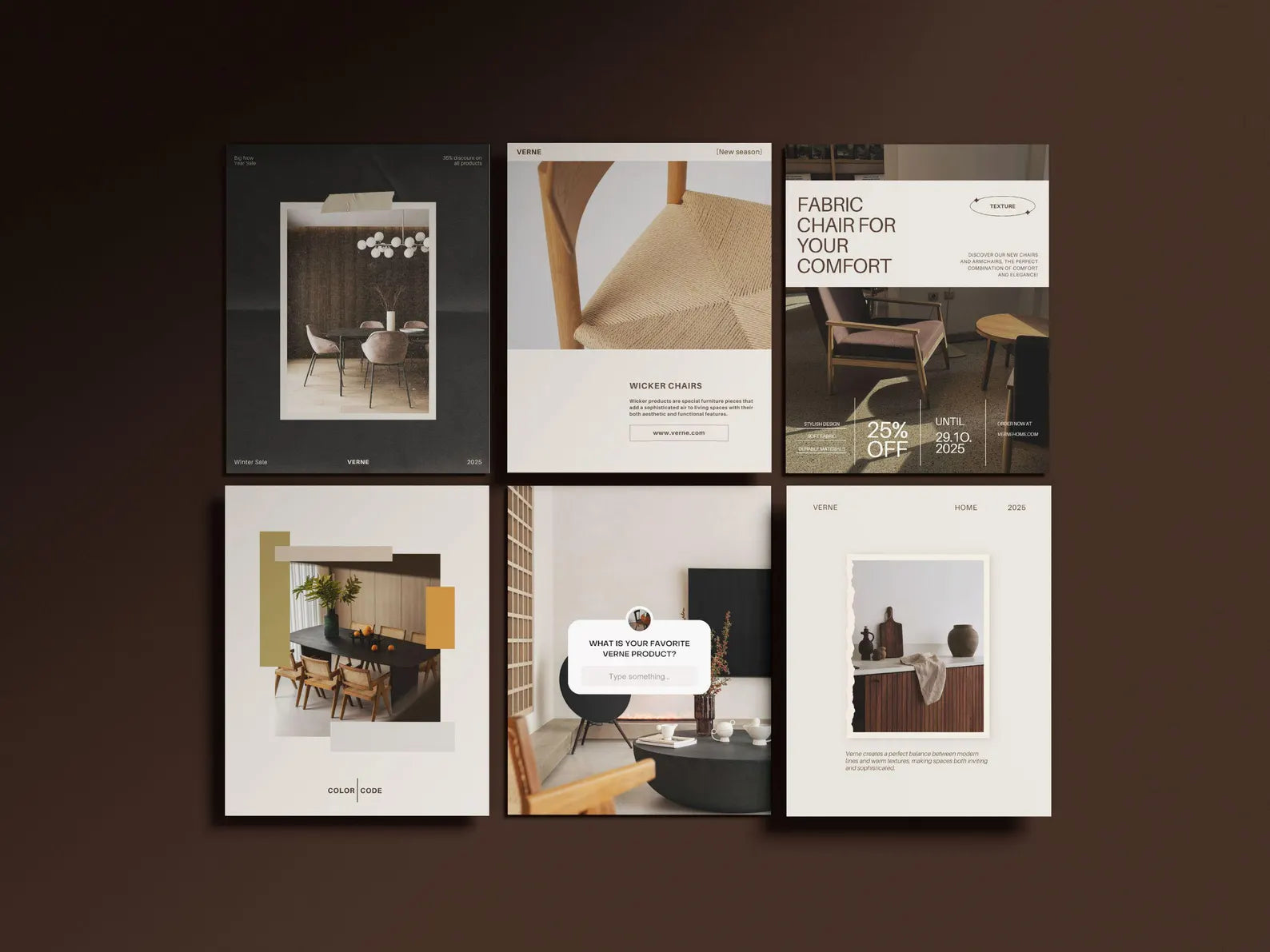 Six interior design brochures on a dark background