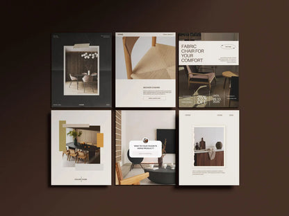 Six interior design brochures on a dark background