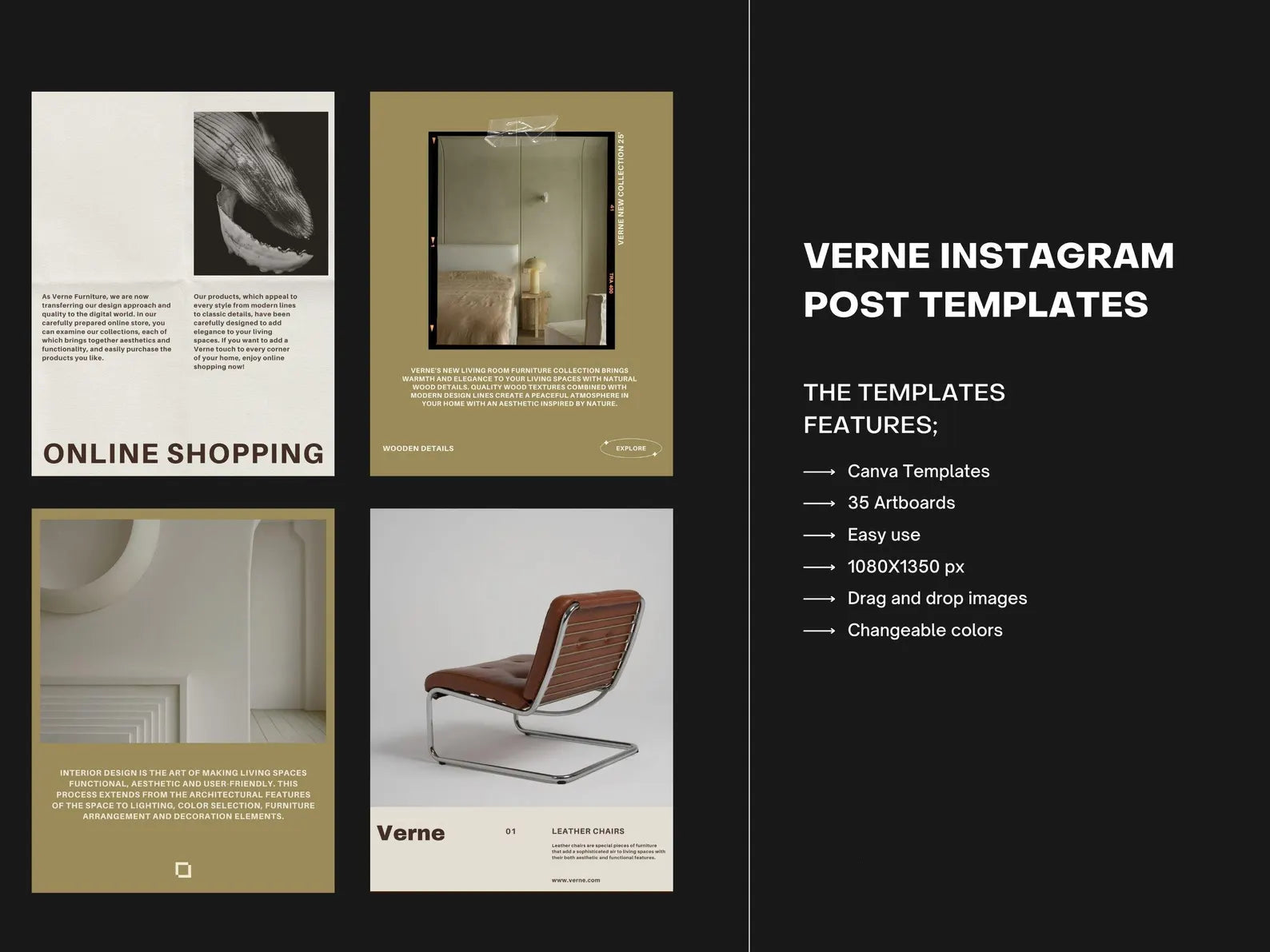Verne Instagram post templates with features listed on a black background