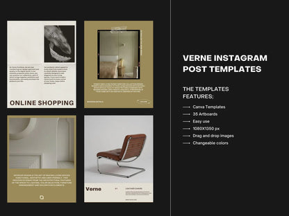 Verne Instagram post templates with features listed on a black background